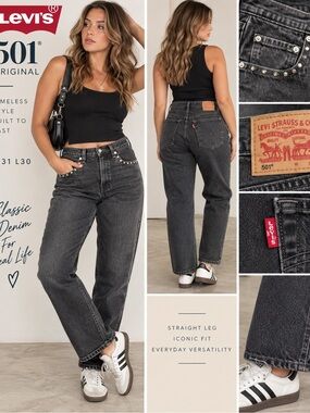 Levi’s 501 Original Jeans W31 L30 Washed Black Gray Straight Leg Studded
